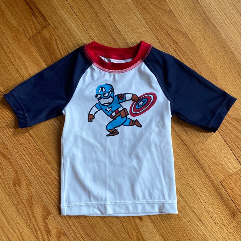 Hanna Andersson Captain America rashguard. BLOCKS 97% UVA/UVB rays